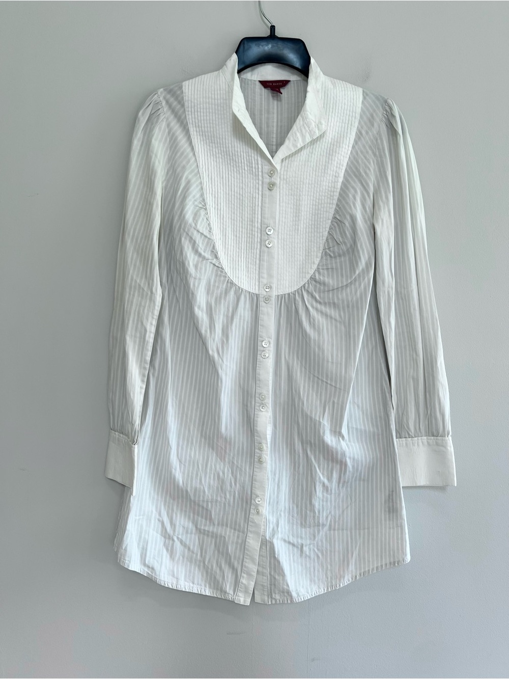 Ted Baker Janice Striped Ruffle-Trim Cotton Button Down Tunic Shirt White, 1 / 4